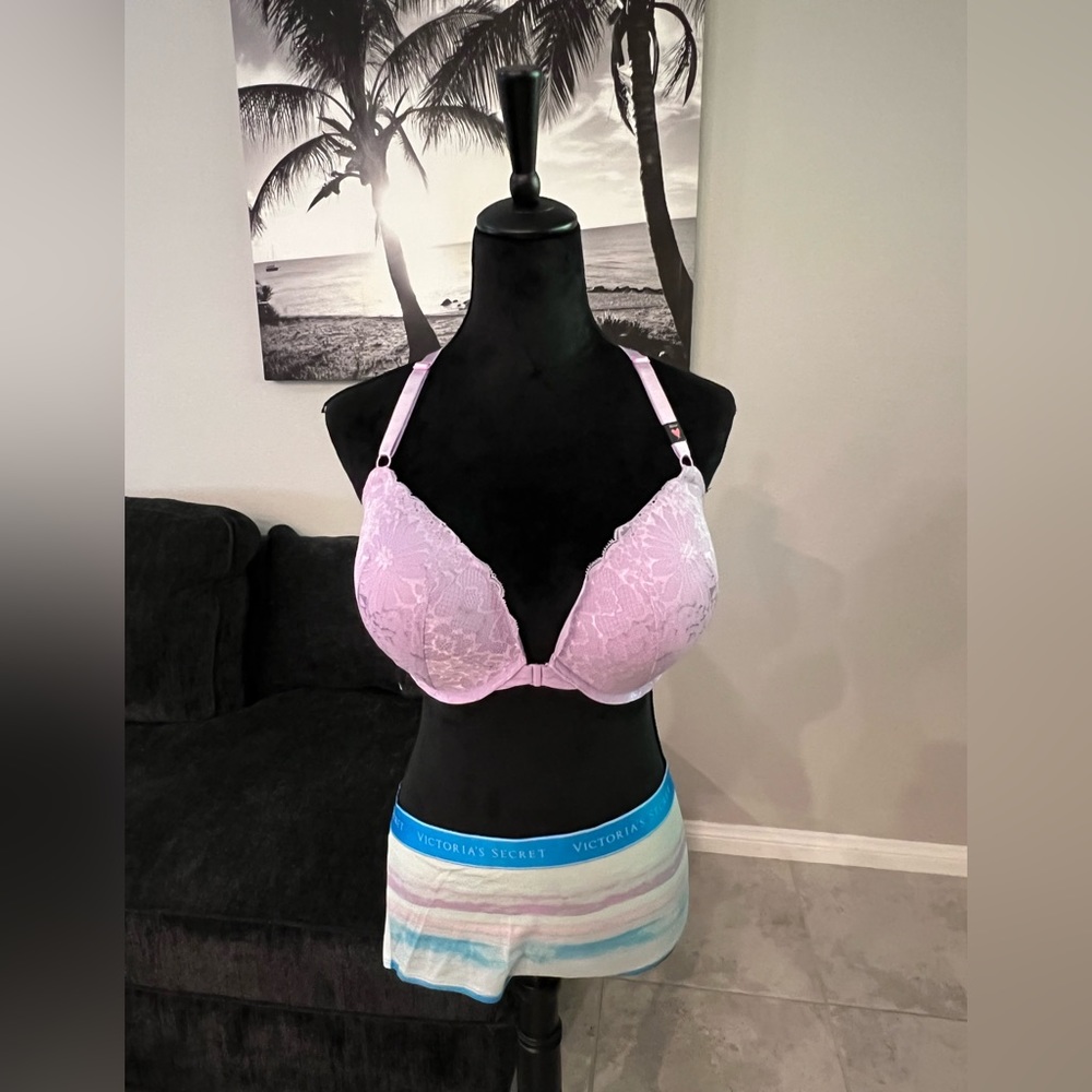 VICTORIA’S SECRET MATCHING BRA & PANTY SET ~ LAVENDER LACE PUSH-UP BRA ~36DDD /L